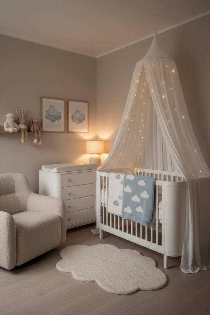 Couleurs douces chambre bebe : thème nuages avec tons beige-gris, bleu ciel poudré et blanc crème, éclairage doux du soir.