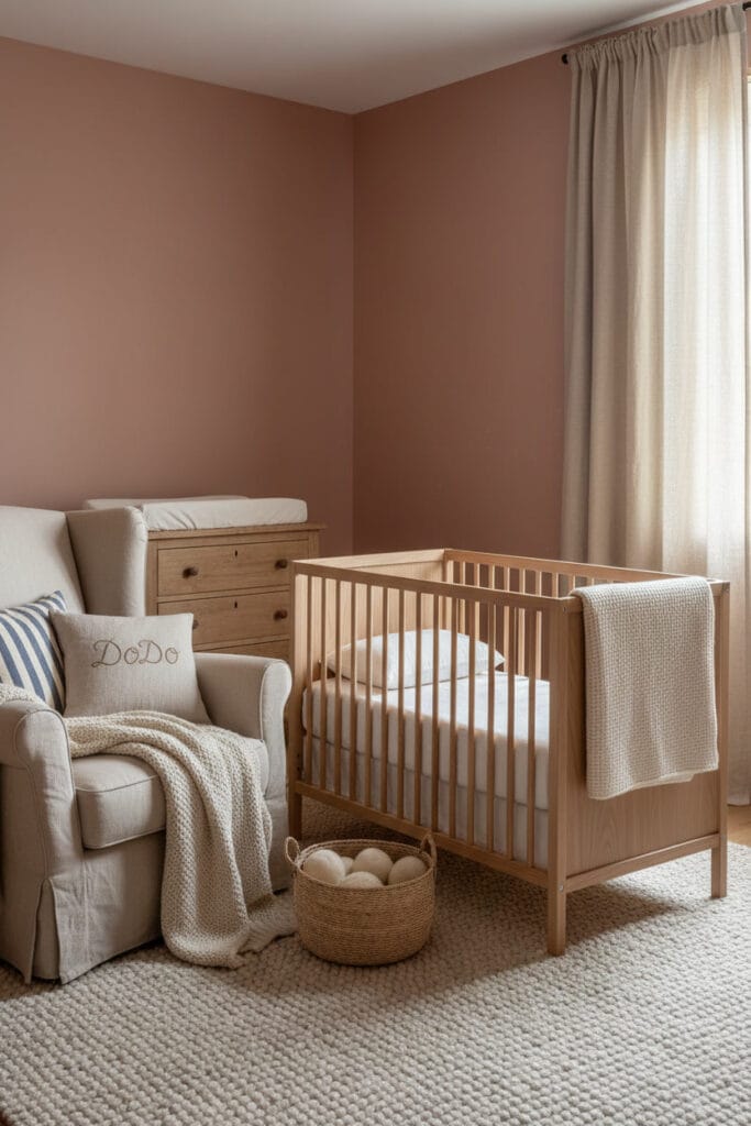 Textiles naturels chambre bebe : lit en coton bio, couverture laine, fauteuil lin, tapis laine épais et rideaux occultants en lin dans un style campagne.