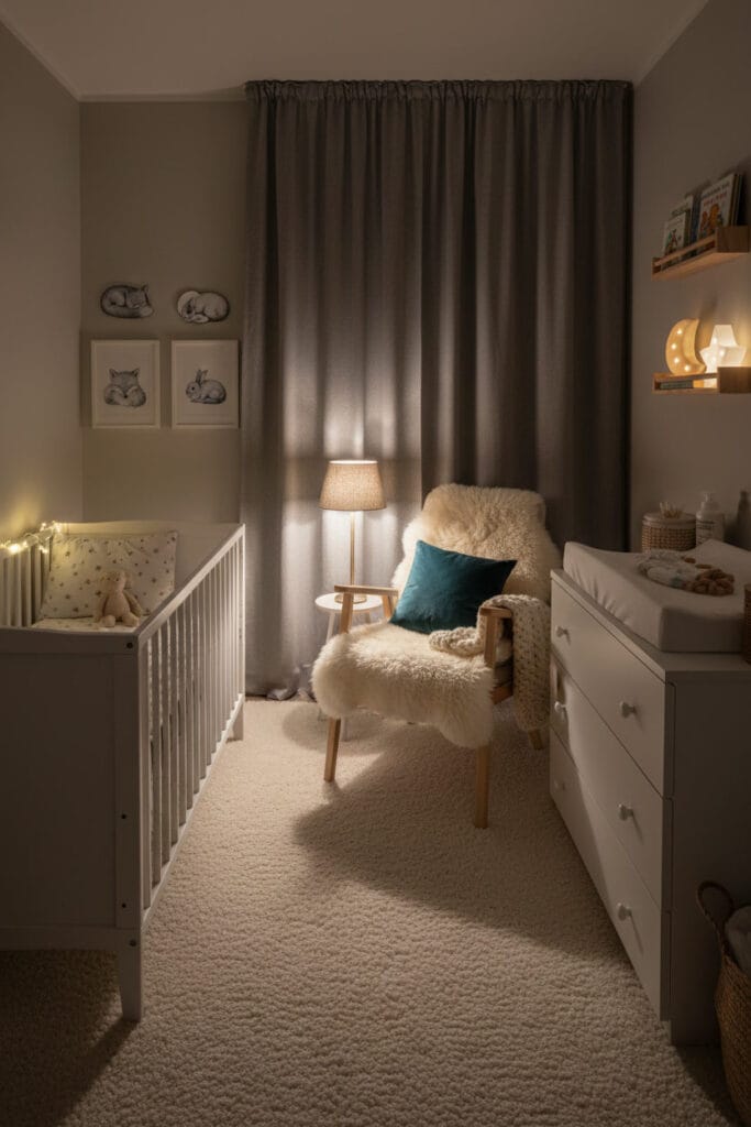 Textiles et accessoires chambre bebe hygge le soir : lit avec doudou, table à langer équipée, étagère avec livres et veilleuses, rideaux occultants, décorations murales animales.