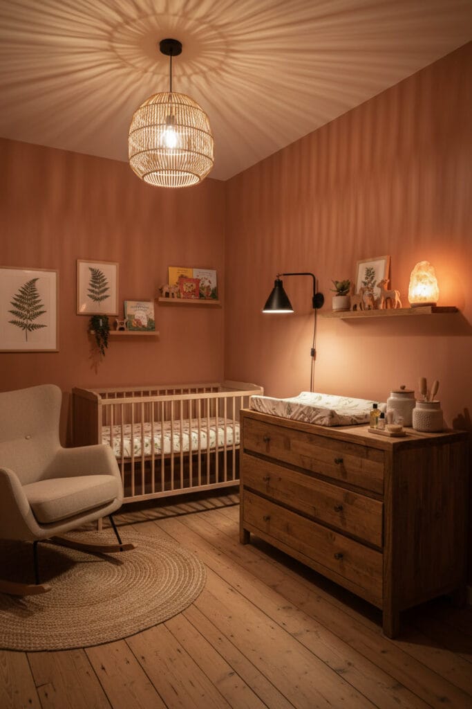 Eclairage chambre bebe nature : suspension rotin, lampe murale orientable sur table à langer et veilleuse en pierre de sel, ambiance soir terreuse.