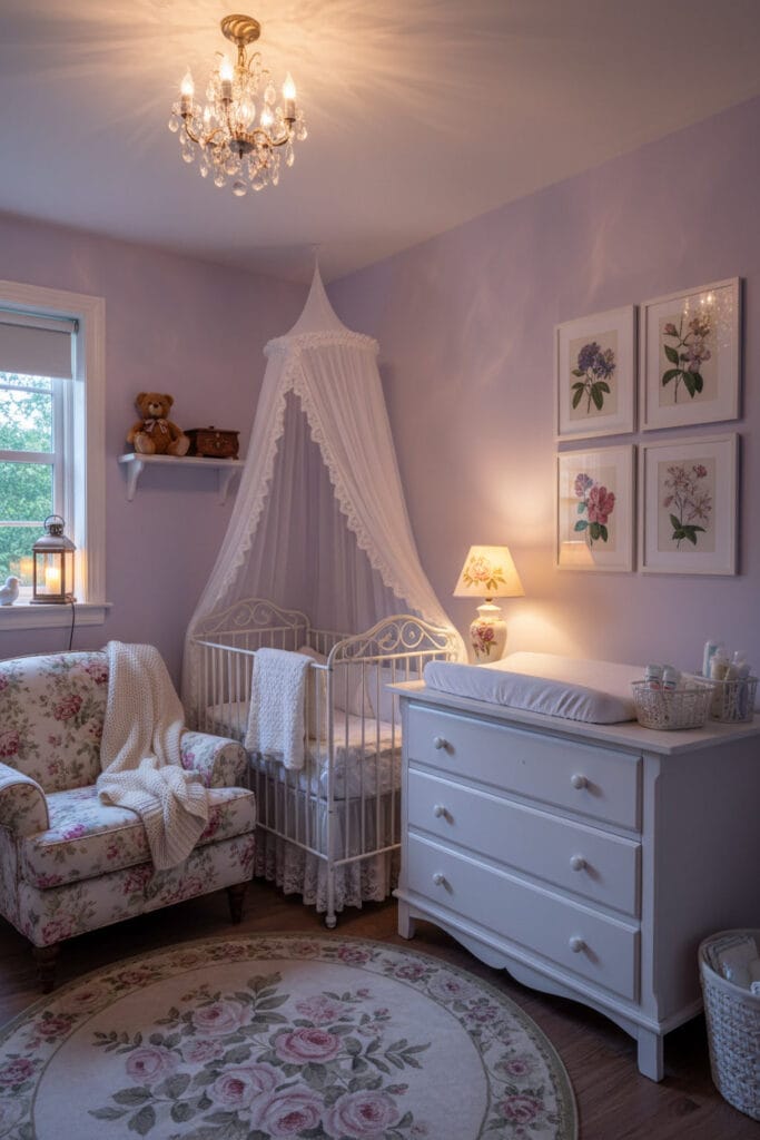 Eclairage chambre bebe cottage : lustre cristal, lampe de table fleurie sur commode et lanterne-votive en veilleuse, ambiance soir romantique.