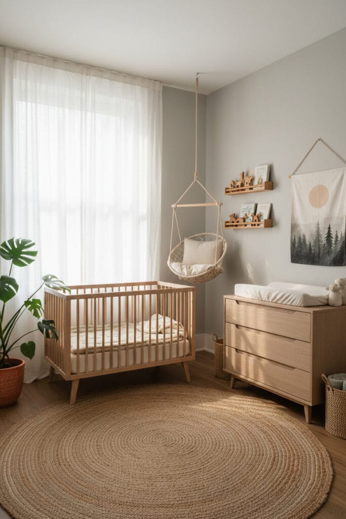 Lumière naturelle chambre bebe biophilique : lit placé près de la fenêtre avec voilages, plante verte, décoration naturelle et rangements en bois, ambiance matinale lumineuse.