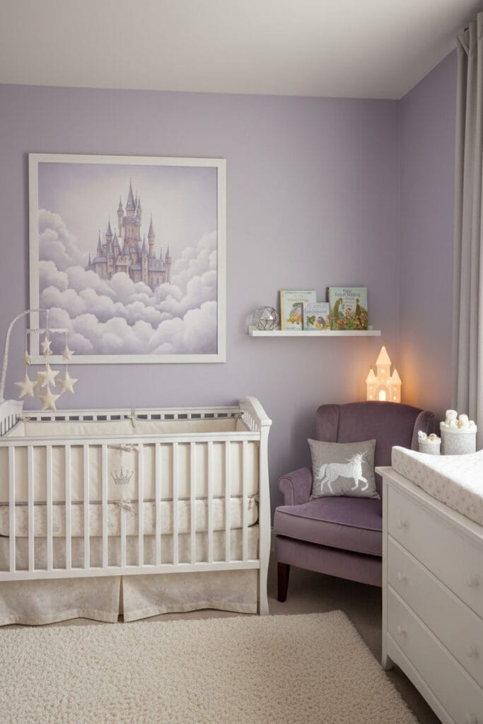 Chambre bebe theme conte de fees chateau de nuages : mur lavande-gris doux, illustration chateau flottant, lit motif couronne, commode avec veilleuse chateau, fauteuil velours violet.