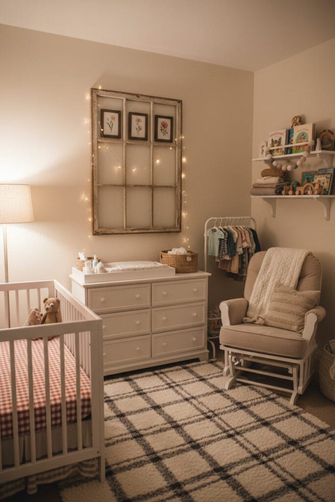 Chambre bebe campagne moderne complete : decor murale avec fenetre rustique et cadres botaniques, lit, table a langer/commode, porte-vetements, berceuse, etageres et multitude d'accessoires doux texturés (tapis, plaids, coussins, guirlande, peluches)