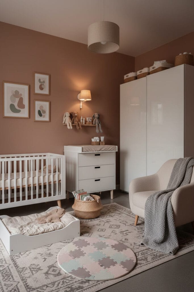 Chambre bebe urbaine complete : mur rose argile, galerie de cadres d'art abstrait, applique murale, lit bas, grande armoire, commode a langer, fauteuil profond et nombreux accessoires doux (tapis, tapis de jeu, livres en tissu, peluches).