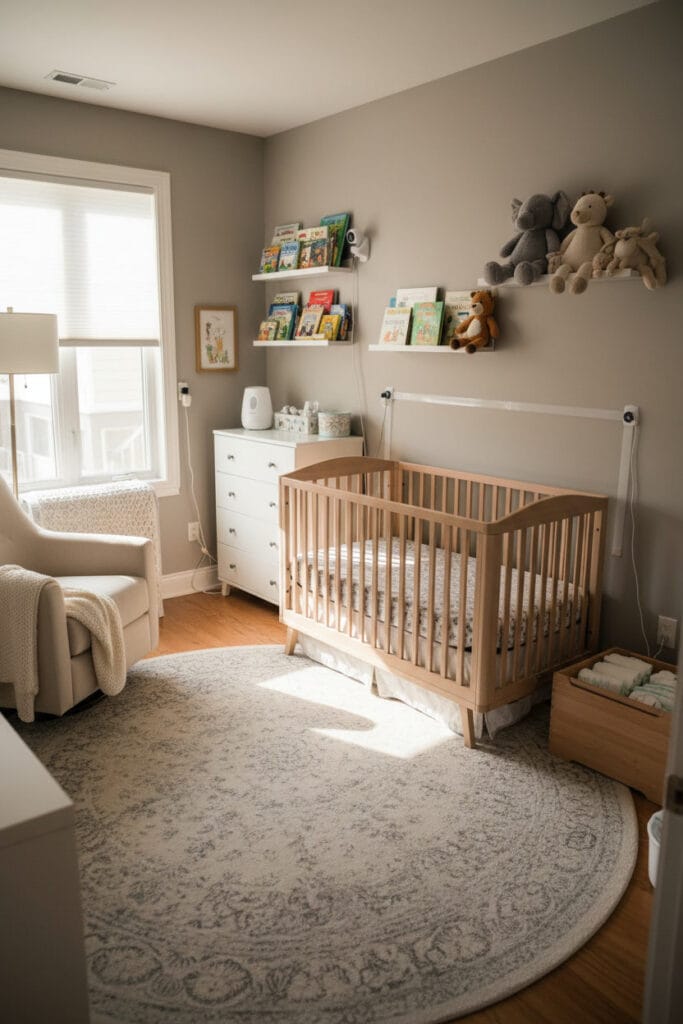 Securite chambre bebe moderne detaillee : lit aux normes, commode ancre avec sangle visible, prises protegees, fils cachees, abondance d'accessoires doux et decoratifs (tapis, fauteuil, etageres murale avec livres, peluches, humidificateur, vide-poches) dans une ambiance cocooning.