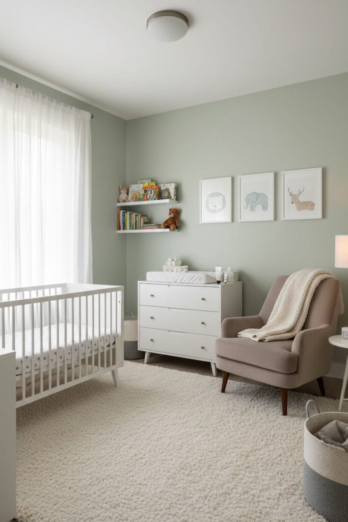 Chambre bébé idéale : pièce calme, lumineuse et cosy avec lit, table à langer, fauteuil et rangements.