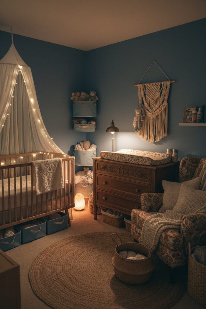 Chambre bebe boho chic le soir : ambiance cocooning avec éclairage doux, lit, table à langer et rangements doux.