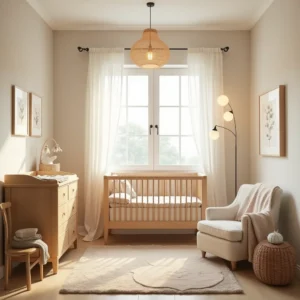 Chambre bebe cosy avec des tons pastel, un lit en bois, une table à langer fonctionnelle et une décoration douce pour une ambiance chaleureuse et apaisante.