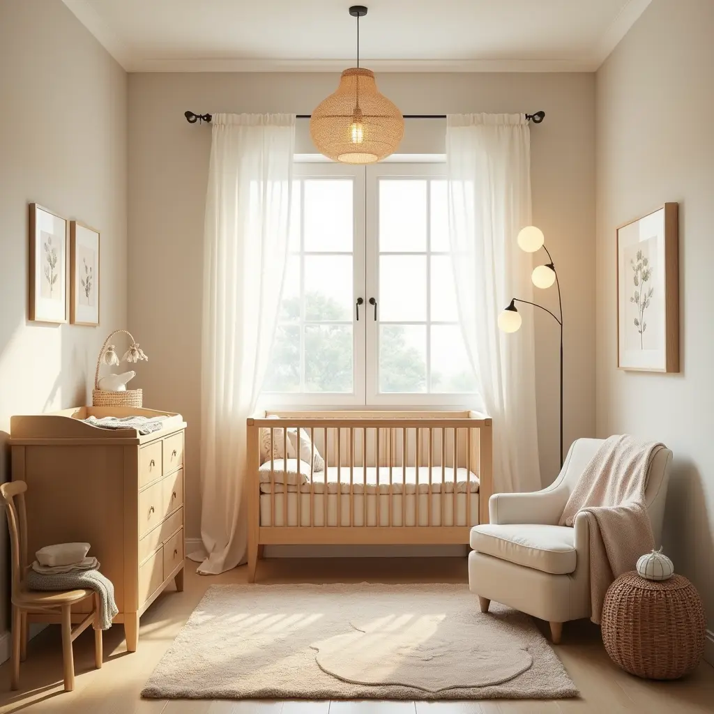 Chambre bebe cosy avec des tons pastel, un lit en bois, une table à langer fonctionnelle et une décoration douce pour une ambiance chaleureuse et apaisante.