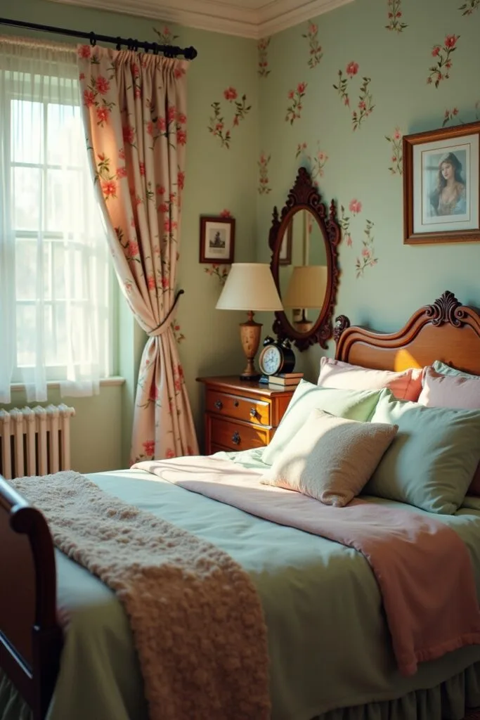 Une chambre cocooning inspirée du style cottage anglais avec des imprimés fleuris, des tons pastel et des accessoires vintage pour une ambiance romantique et chaleureuse.