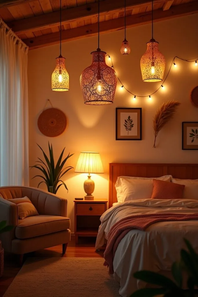 Chambre cocooning avec suspensions lumineuses en rotin ou métal ajouré, accompagnées de sources lumineuses stratégiques pour une ambiance chaleureuse.