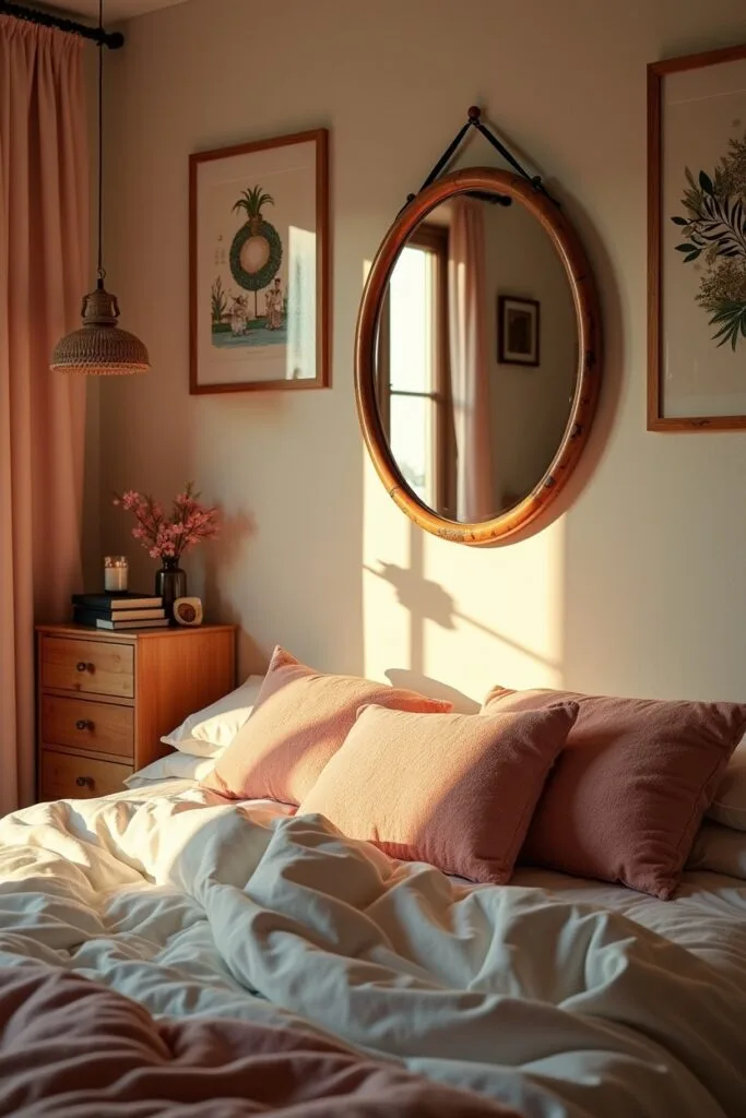Chambre cocooning décorée avec des cadres et un miroir au cadre en bois ou métal, apportant une touche personnalisée et chaleureuse.
