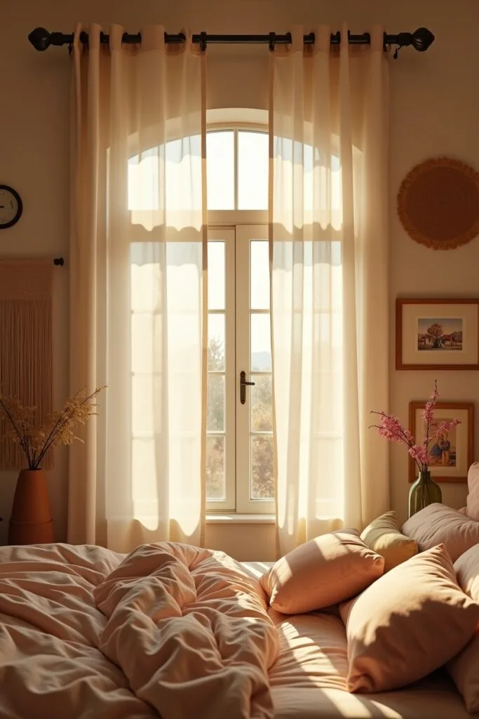 Chambre cocooning avec des voilages légers en lin ou coton, associés à des stores occultants pour une ambiance intime et lumineuse.