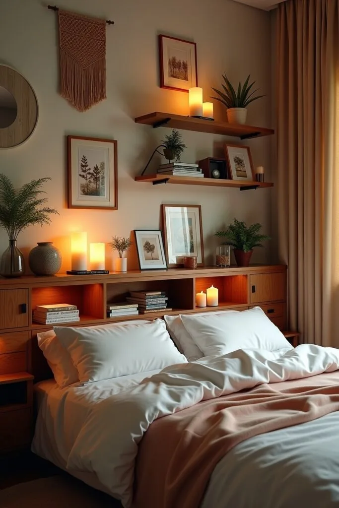 Chambre cocooning avec tête de lit intégrant du rangement et étagères murales décorées pour optimiser l’espace.