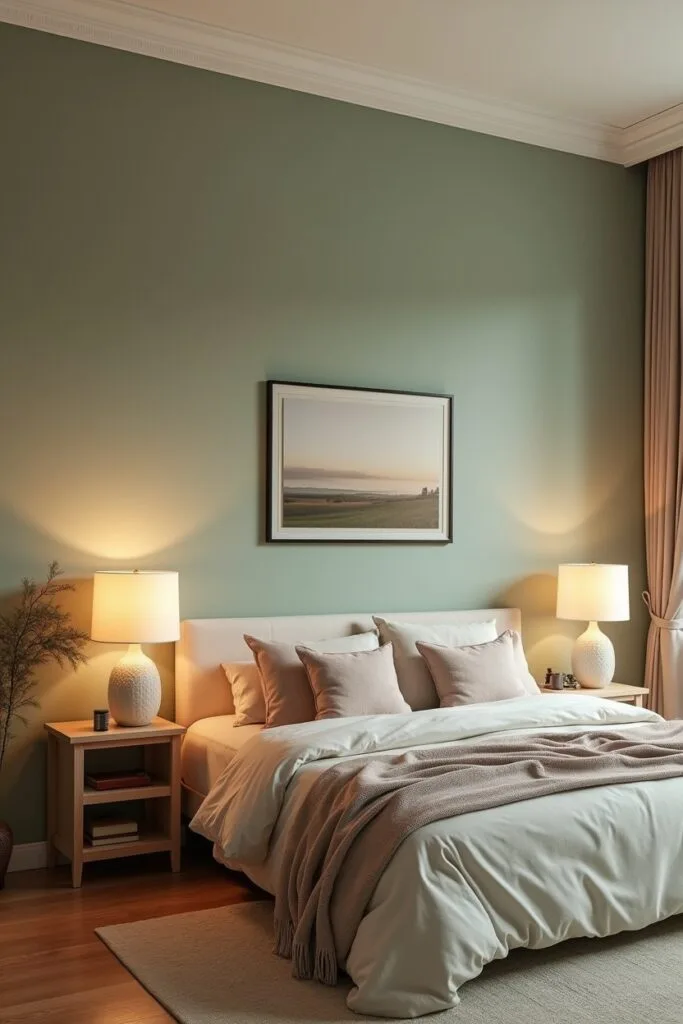 Une chambre cocooning avec un mur peint dans une teinte apaisante, associée à des textiles doux et une lumière tamisée pour une atmosphère chaleureuse.