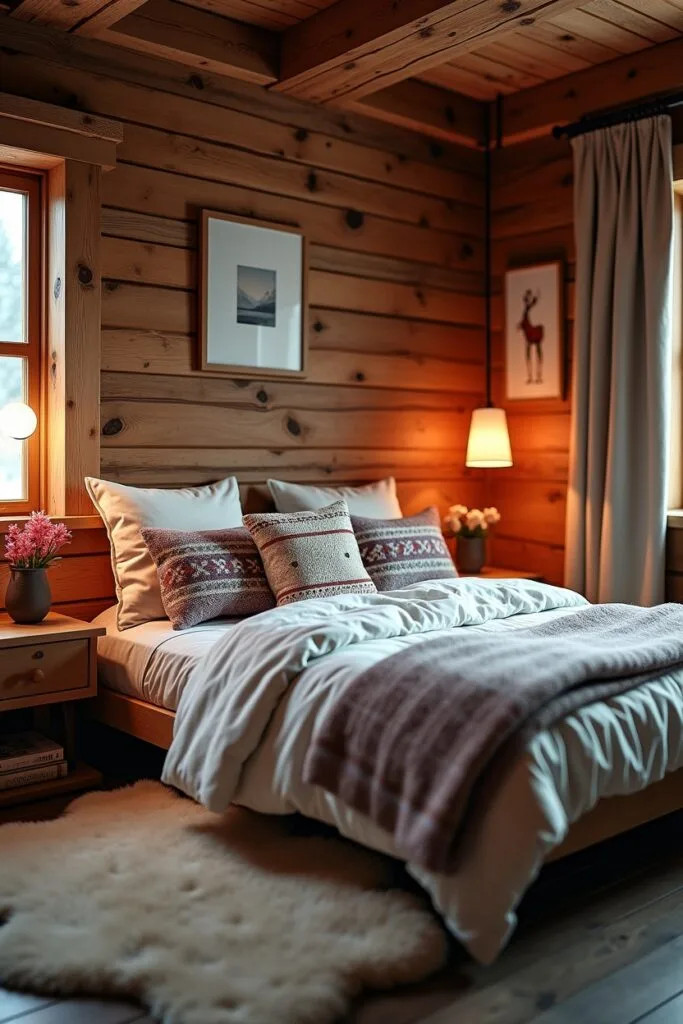 Une chambre cocooning avec une décoration chalet, du bois brut et des textiles épais pour une ambiance chaleureuse et réconfortante.