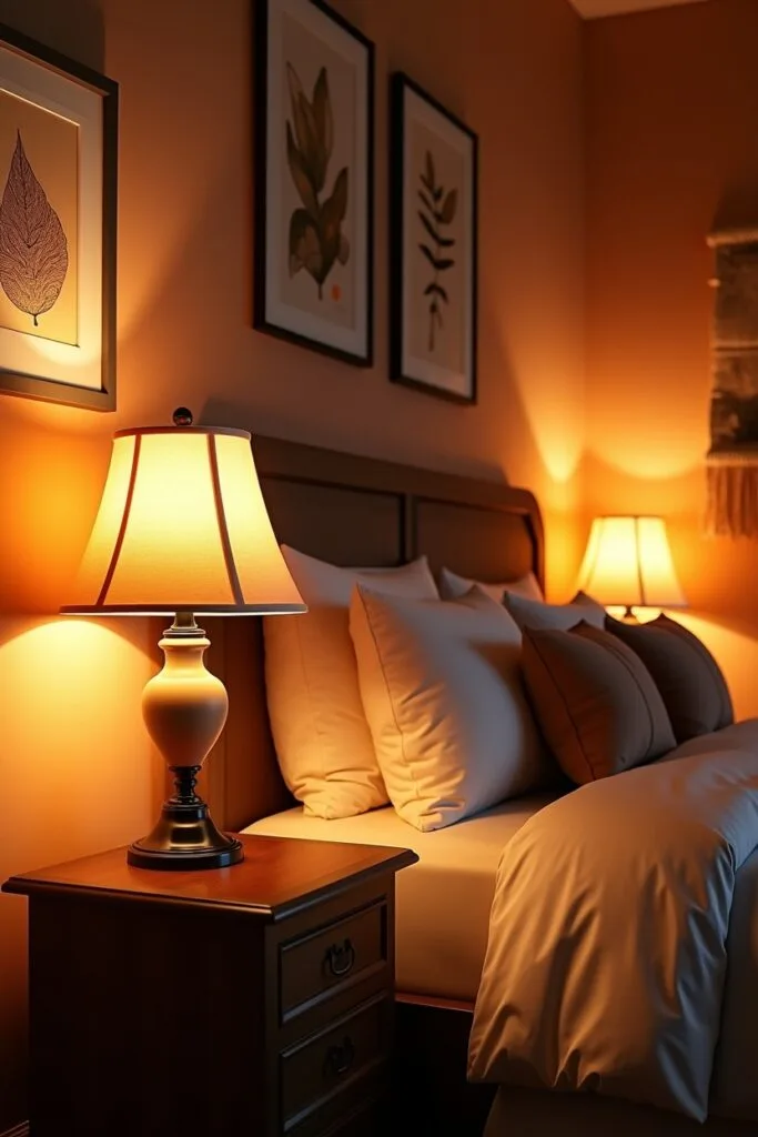 Chambre cocooning avec lampes de chevet élégantes diffusant une lumière douce et apaisante pour une ambiance cosy et relaxante.