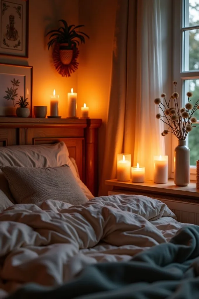 Chambre cocooning éclairée par des bougies diffusant une lumière douce et apaisante, créant une ambiance chaleureuse et relaxante.