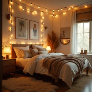 Chambre cocooning avec lit moelleux, éclairage tamisé et textiles doux pour une ambiance chaleureuse et relaxante.