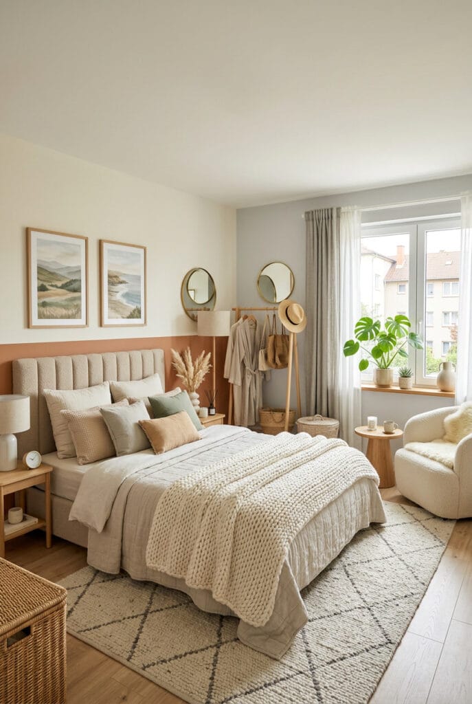 Chambre cocooning aux tons neutres, sable et gris pâle, avec touches pastel