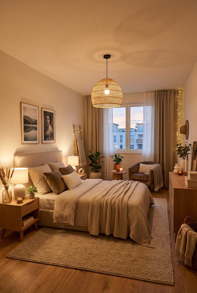 Suspension lumineuse en rotin dans une chambre cocooning à plafond haut