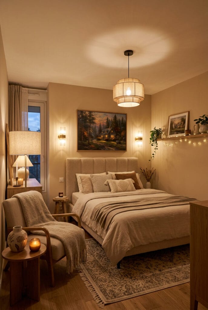 Points lumineux multiples dans une chambre cocooning : lampe, guirlande et appliques murales