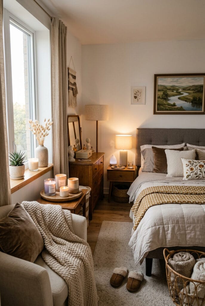Bougies parfumées disposées près de la fenêtre dans une chambre cocooning
