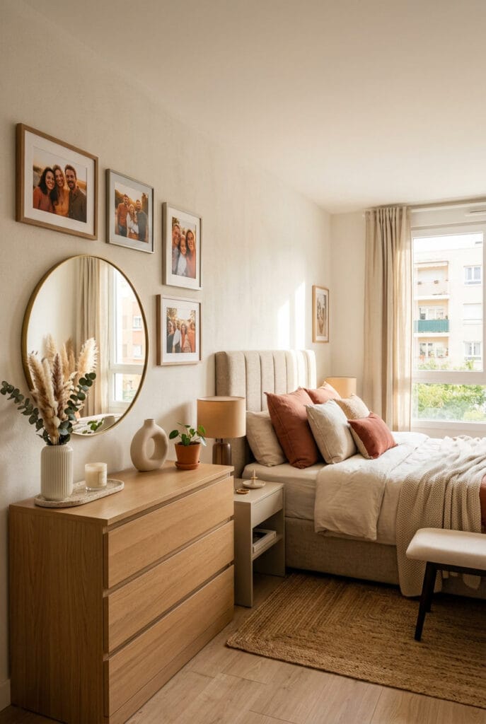 Cadres photo et miroir en bois dans une chambre cocooning personnalisée