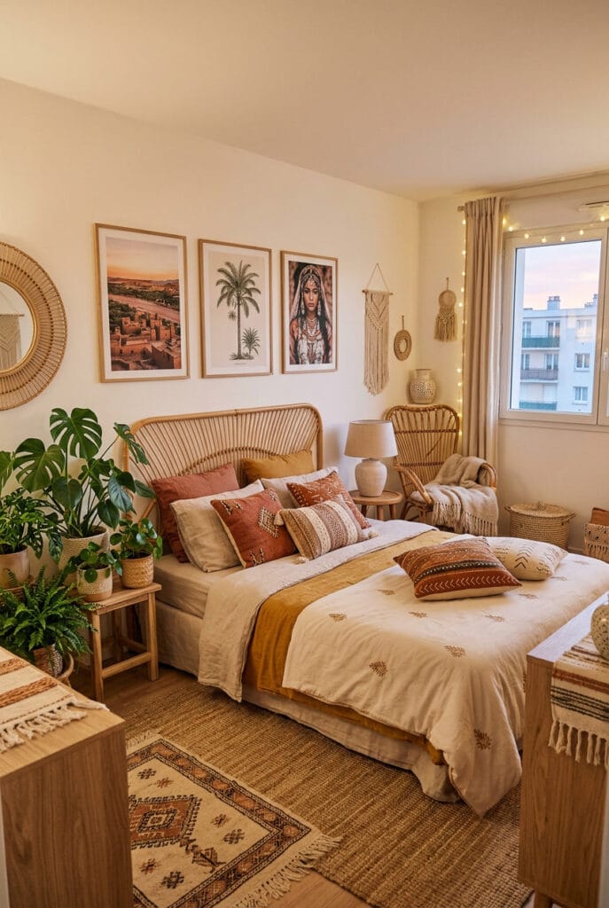 Chambre cocooning au style bohème chic avec rotin, plantes et coussins ethniques