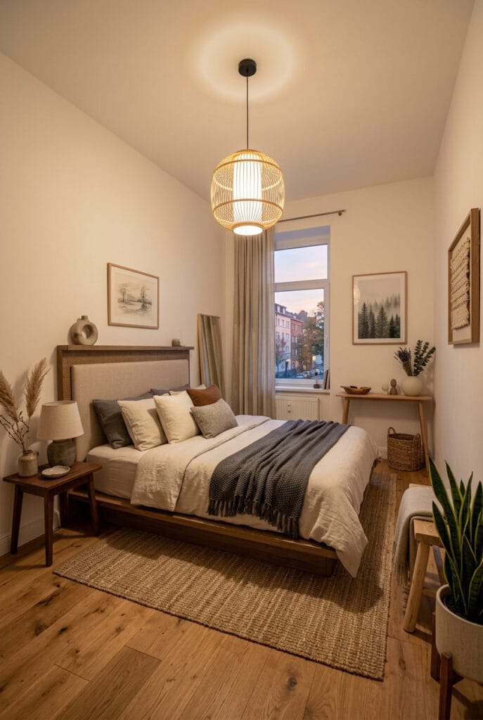 Chambre cocooning au style japandi avec mobilier bas et tons neutres