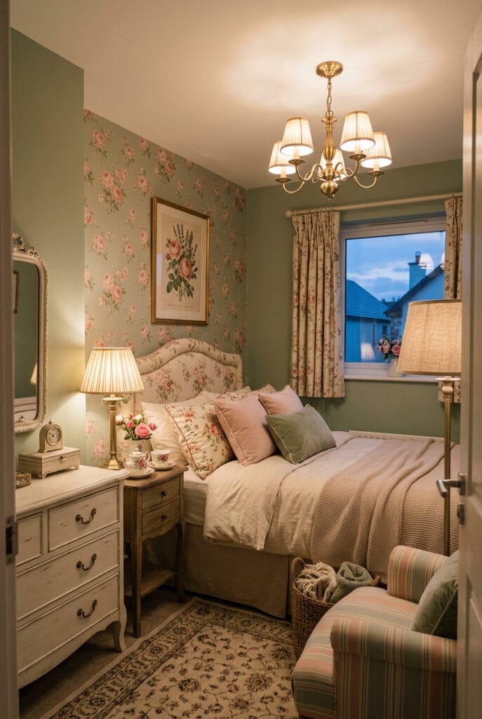 Chambre cocooning au style cottage anglais avec imprimés fleuris et accessoires vintage