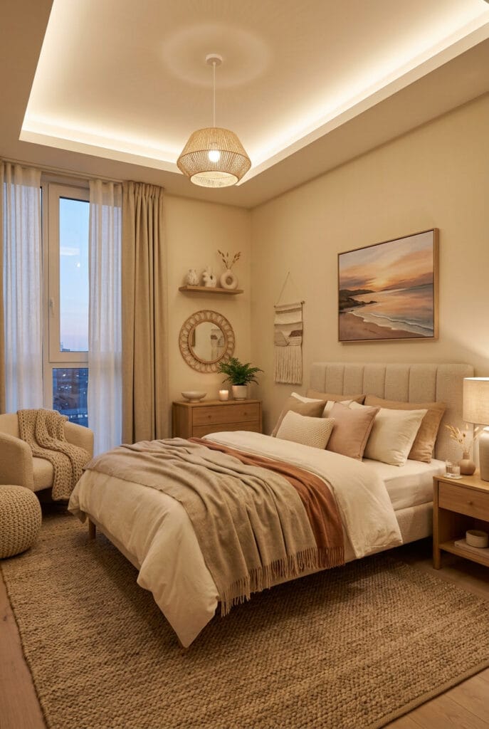 Chambre cocooning avec tapis en fibres naturelles, rideaux en lin et textiles en laine