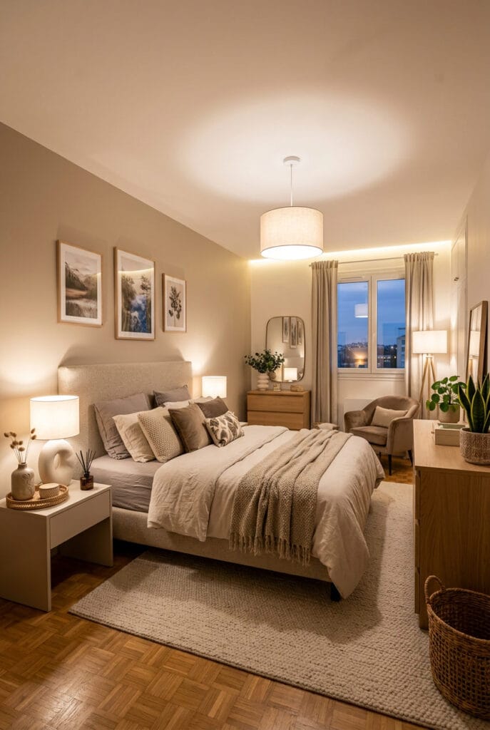 Literie confortable pour chambre cocooning avec matelas en mousse et draps en coton