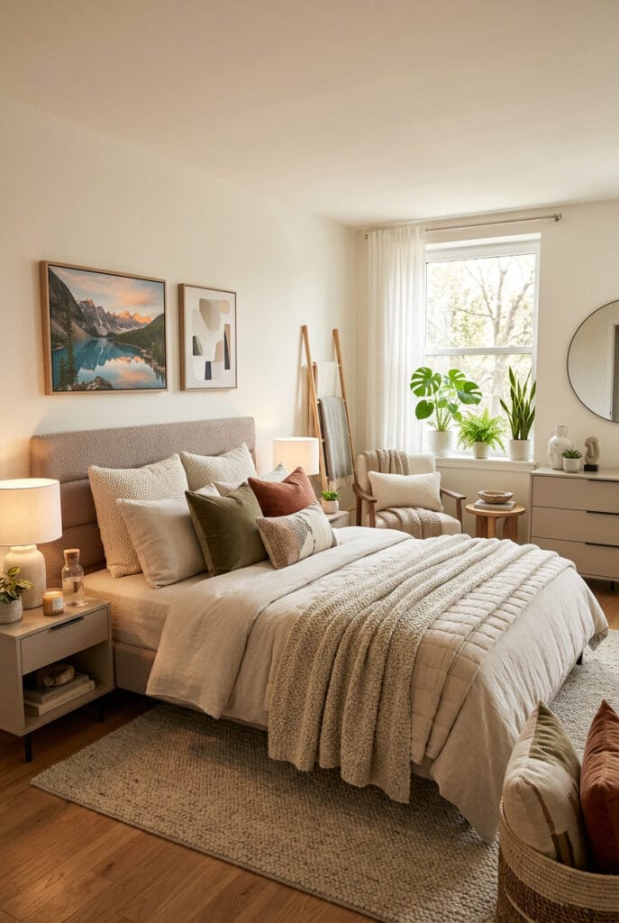 Lit de chambre cocooning avec coussins variés et édredon moelleux