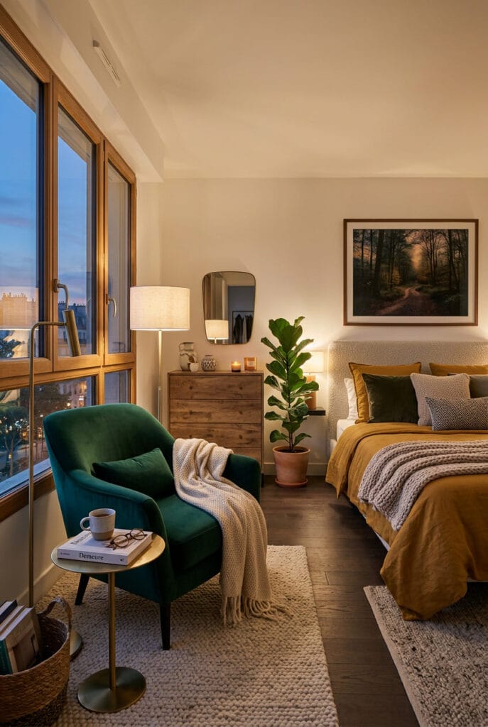 Coin cosy près de la fenêtre avec fauteuil en velours et plaid dans une chambre cocooning