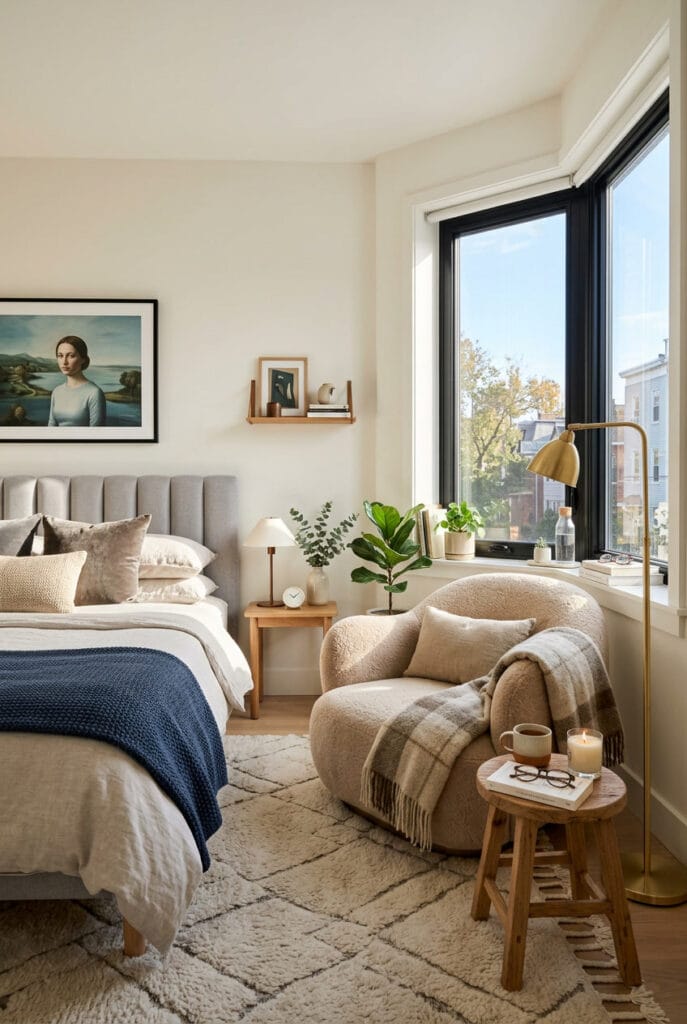 Petite table basse en bois naturel dans un coin cosy de chambre cocooning