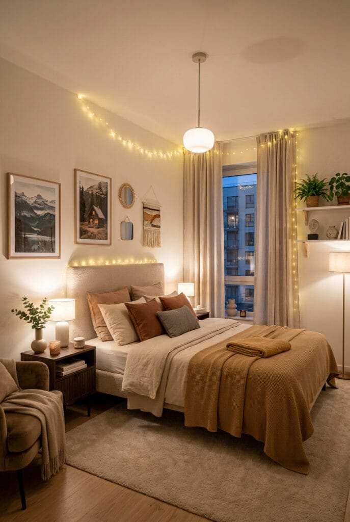 Guirlande lumineuse autour de la tête de lit dans une chambre cocooning