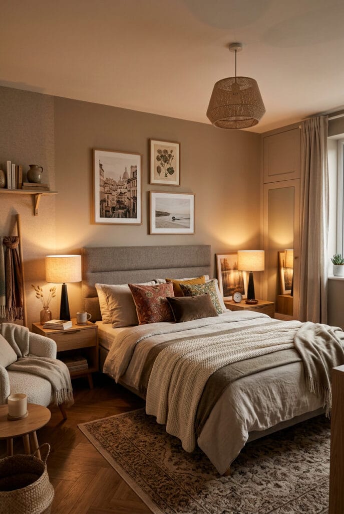 Lampes de chevet en tissu de chaque côté du lit dans une chambre cocooning
