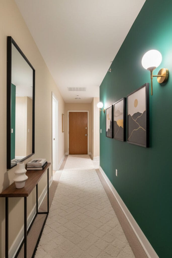 Couloir deco avec mur vert émeraude, miroir noir, galerie de tableaux abstraits, appliques murales et tapis ivoire.