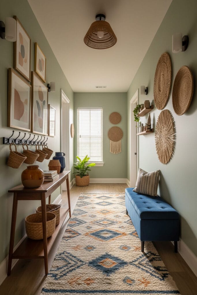 Couloir d’appartement en style éclectique cosy, fonctionnel et décoré harmonieusement, avec étagères murales, banc avec rangement, console étroite, tapis coloré et accessoires organisés, ambiance fin de journée.