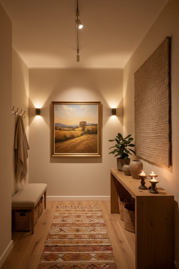 Couloir d’appartement cosy en soirée avec éclairage harmonieux, tableau mis en valeur par spots et appliques murales, console flottante, banc de rangement, tapis et accessoires décoratifs variés.