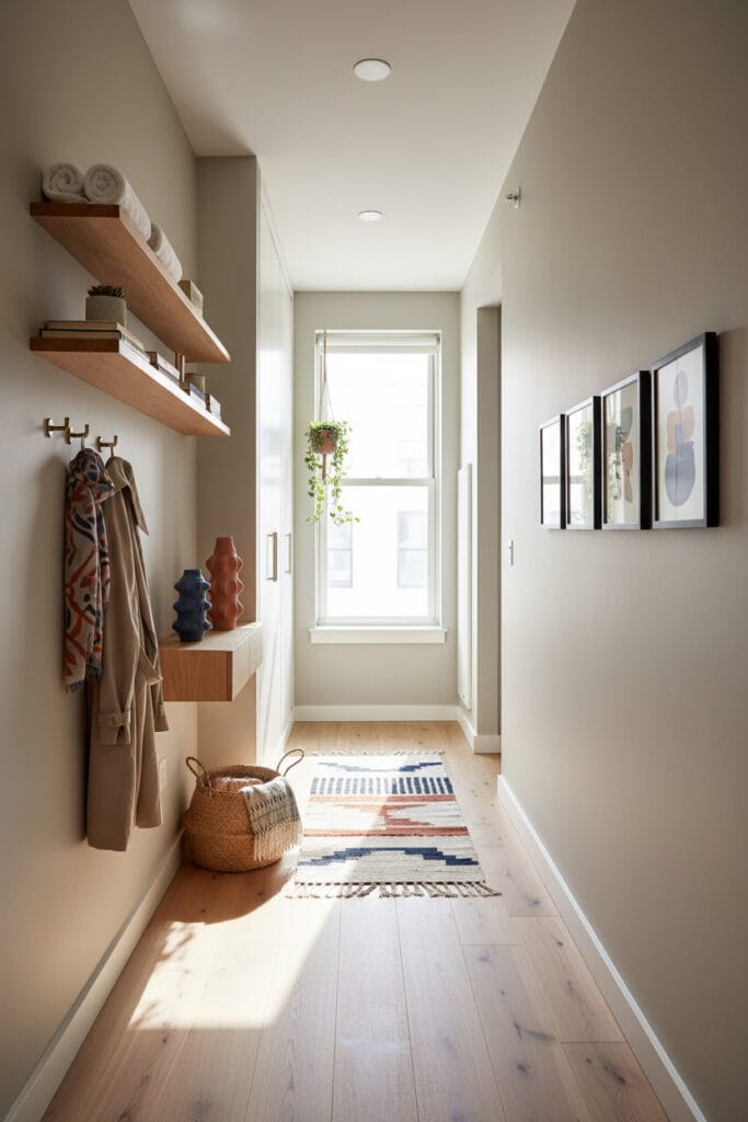 Couloir étroit d’appartement fonctionnel et épuré ensoleillé, avec rangement intégré, console étroite, étagères murales, touches de couleurs contrastantes et décorations harmonieuses.