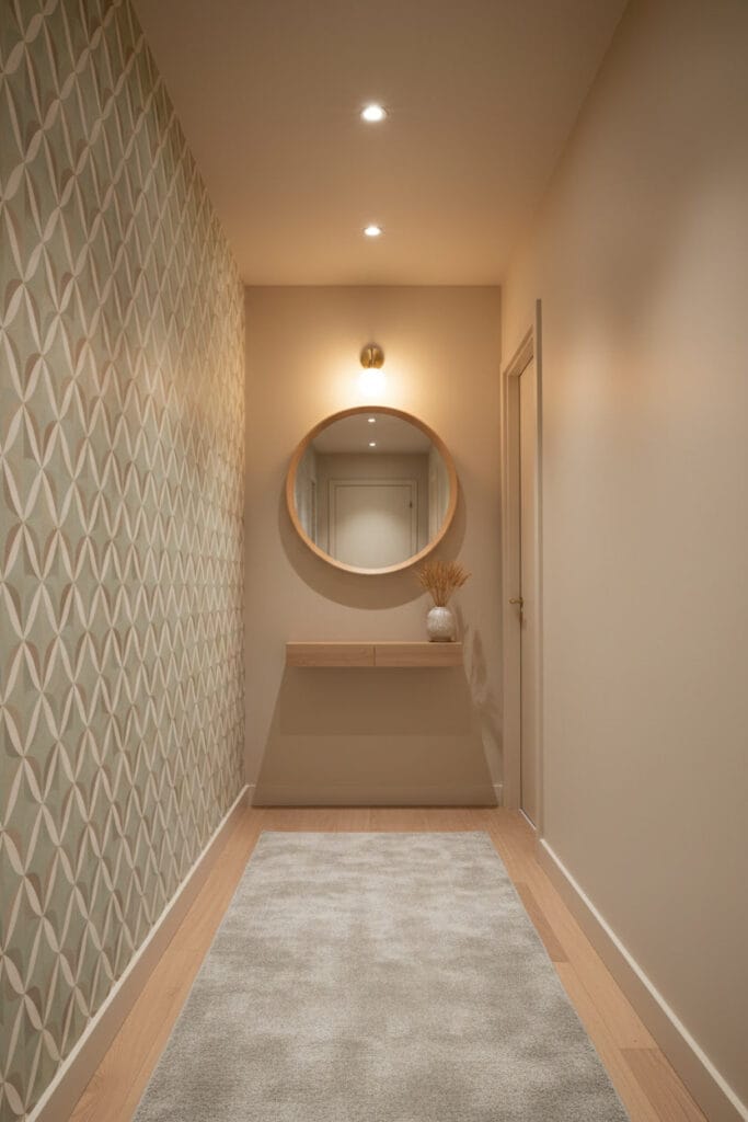 Couloir deco cocooning aux murs beige, avec papier peint géométrique vert sauge, miroir en bois clair, console flottante et éclairage doux.