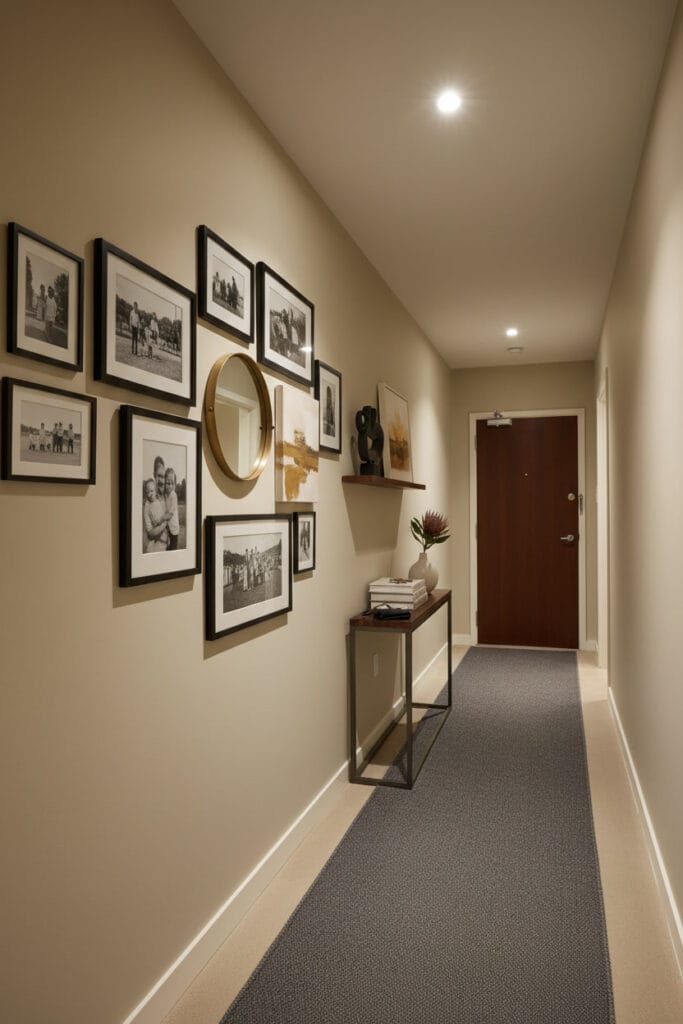 Couloir deco avec galerie murale de photos et miroir, étagères flottantes avec livres et objets design, console étroite.