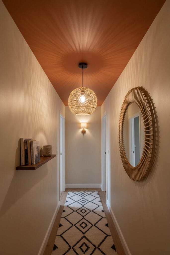 Couloir deco avec plafond terracotta chaleureux, suspension en rotin, miroir en rotin, étagère noyer et tapis géométrique.