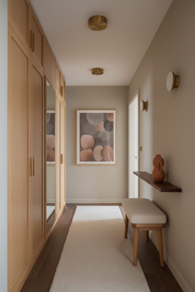 Couloir deco style Japandi cosy et épuré, avec rangement intégré chêne miel, vase terracotta, coussin laine, éclairage laiton doré et tableau abstrait doux.