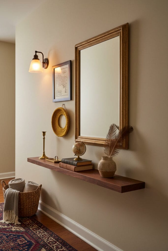Couloir deco chaleureux avec grand miroir doré, étagère en noyer, objets collectionnés (carte, globe, livres) et tapis motif