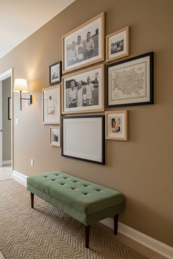 Couloir deco avec galerie murale asymétrique de cadres en bois et métal noir, murs beige chaud, banquette et tapis texture.