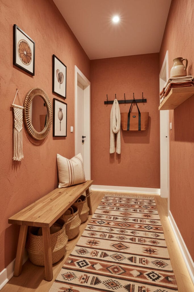 Couloir deco fonctionnel style bohème, avec banc de rangement à paniers, miroir en rotin, patères murales, étagère et tapis motif.